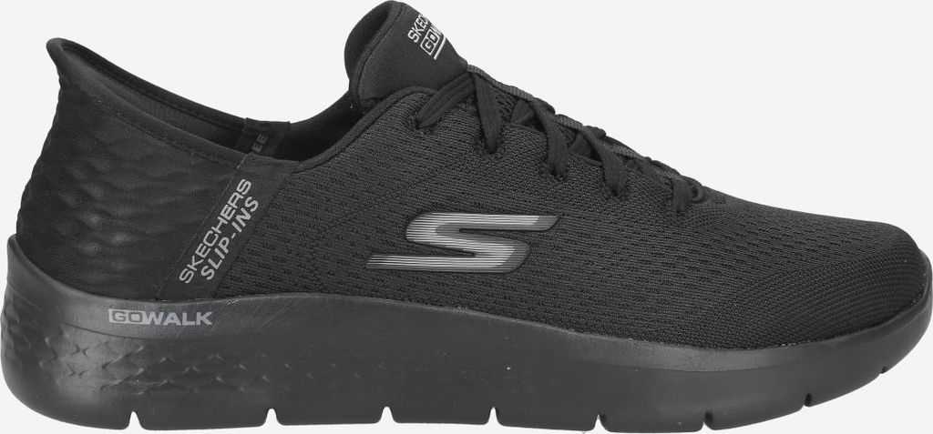 A black Skechers Go Walk sneaker shown from the side.