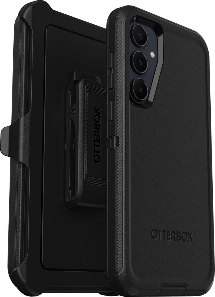 A black OtterBox Defender Series Pro case for a Samsung Galaxy A55 5G is shown with its holster.