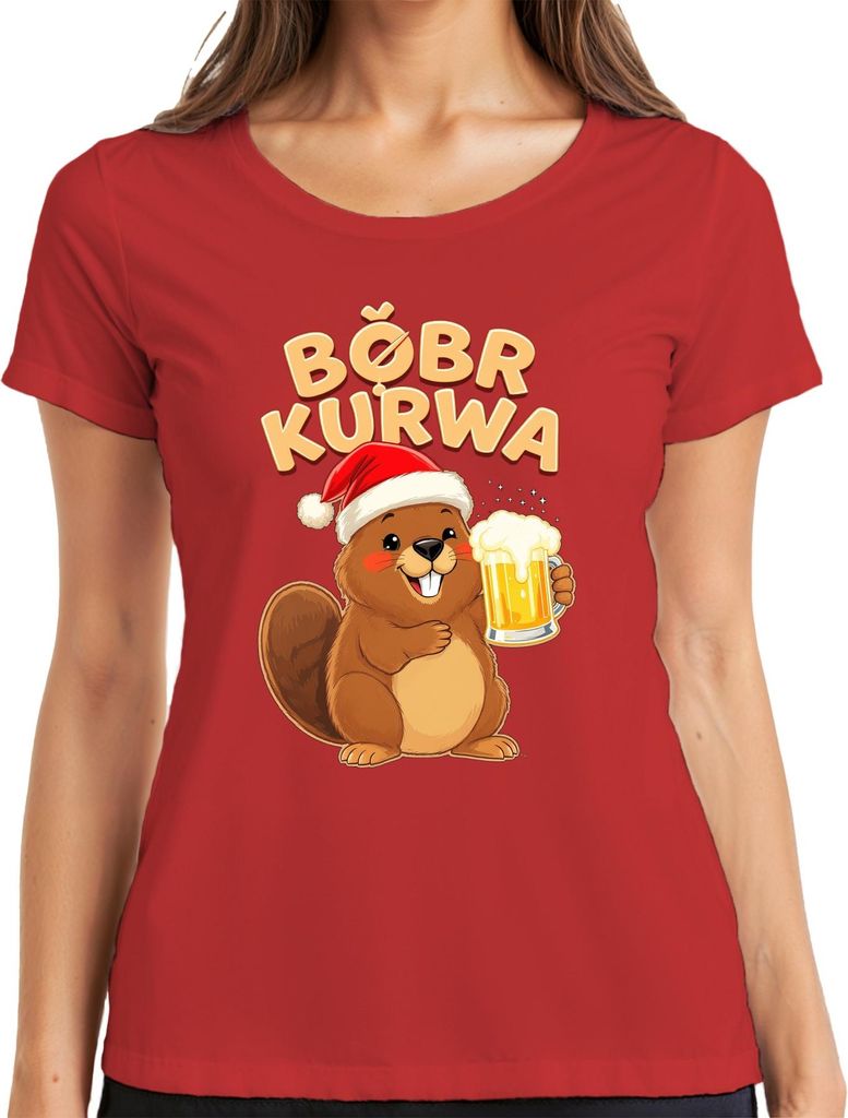 BÓBR KURWA Meme Biber Weihnachten Bier Weihnachtsmütze Geschenk Damen T-Shirt, Rot, L