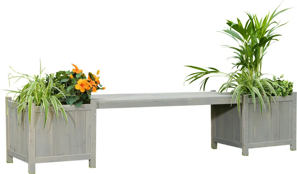 Banc de jardin gris en bois massif résistant avec bacs à fleurs XL
