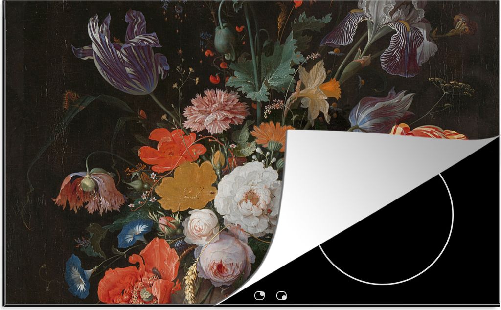 KitchenYeah Herdabdeckplatte Stilleben mit Blumen und einer Uhr - Gemälde von Abraham Mignon , 89x51cm, Küche Deko, Glaskeramikfeld Herdabdecku...