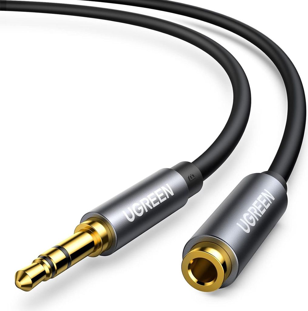 A close-up shot of a Ugreen AUX extension cable with 3.5mm jack connectors.