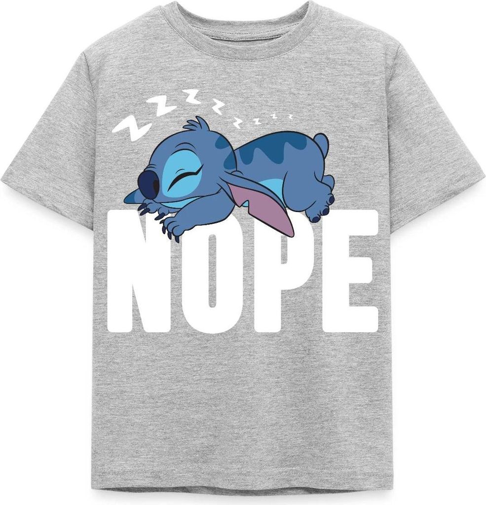Lilo & Stitch | Schlafender Stitch Nope Kinder T-Shirt, 98/104 (3-4 Jahre), Grau meliert
