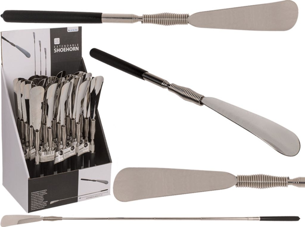 A collage of images showing an extendable metal shoehorn in various configurations and a display box of shoehorns.