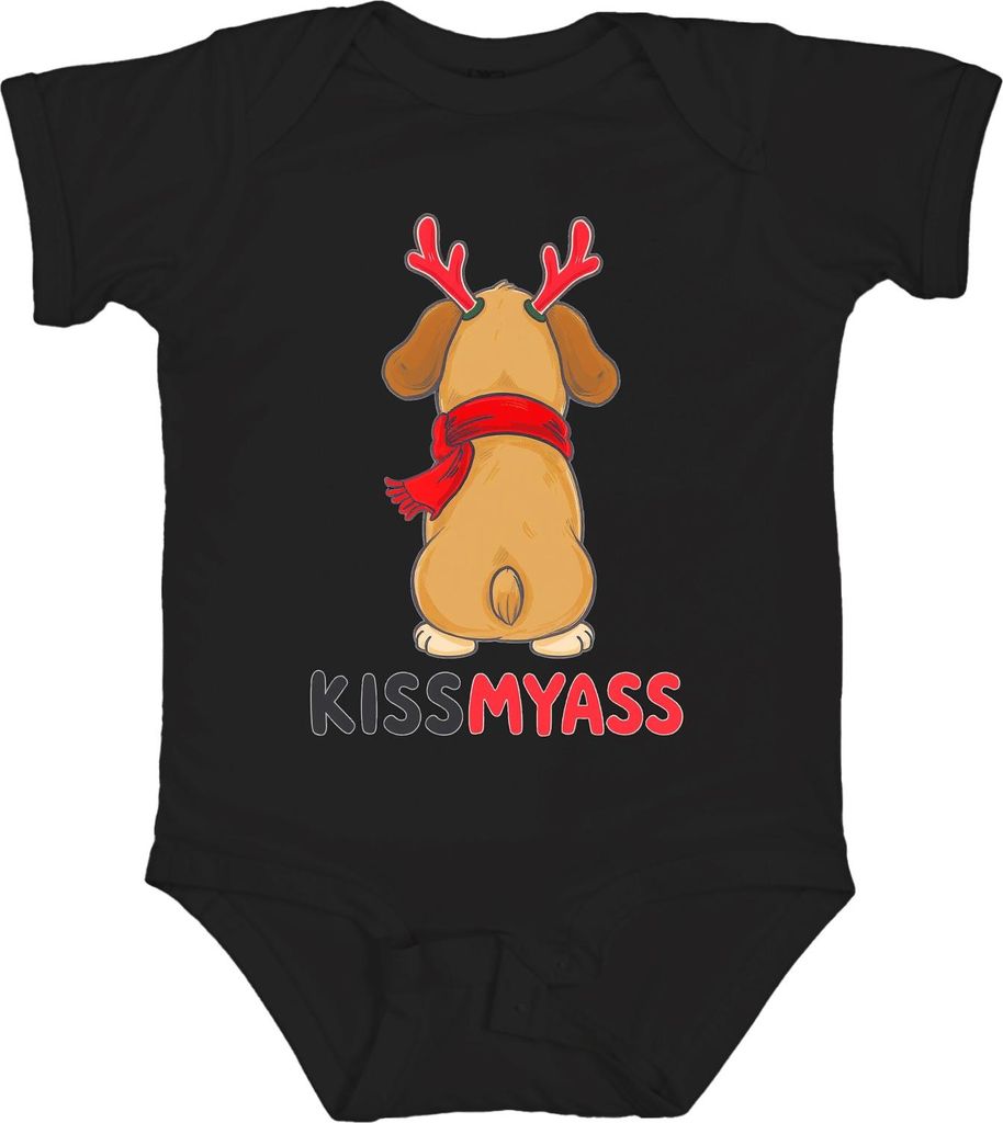 KISS MY ASS lustiger Weihnachtshund Rentierohren Cartoon Spruch Unisex Baby Body, Schwarz, 12/18