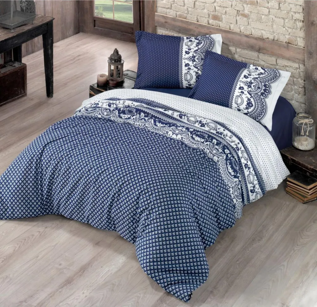 Set Lenzuola Burrito Blanco In 100% Cotone, Stampa Geometrica Blu Su Bianco, 105x190/200 Cm, Con Federa