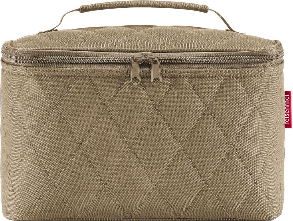 A beige quilted cosmetic case with a handle and zipper closure.