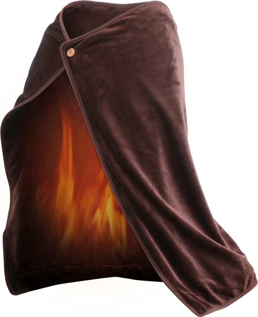 A brown heated blanket or shawl is displayed against a white background, with a graphic of flames visible through an opening.