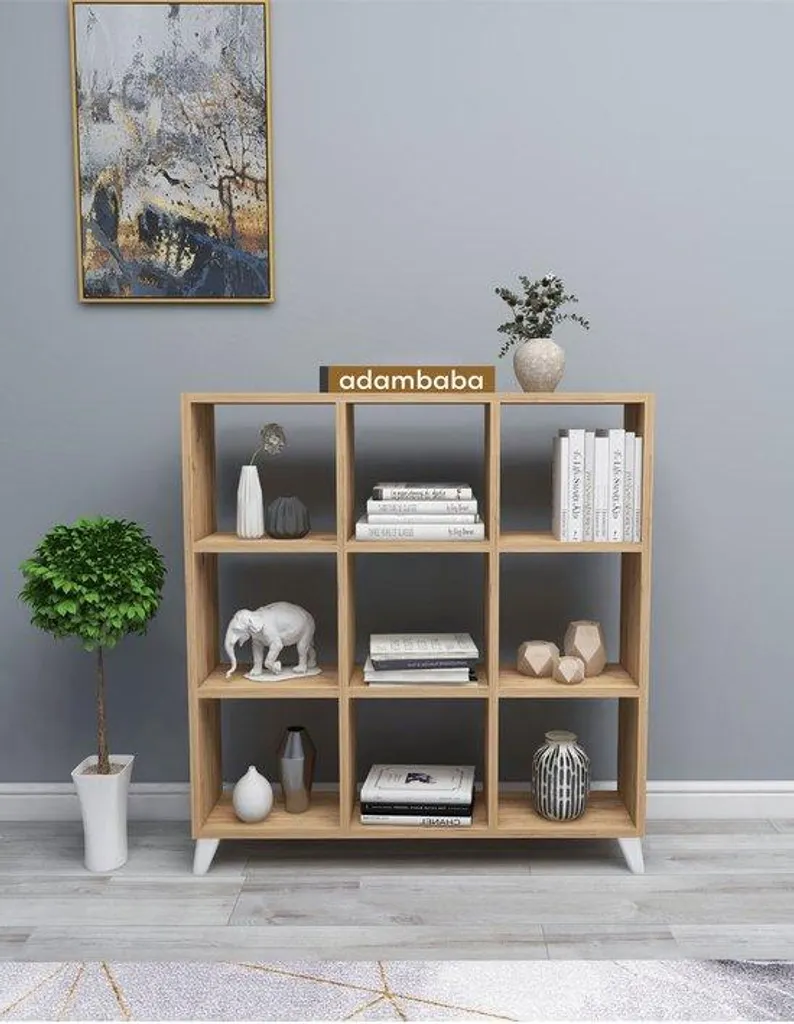 Étagère de rangement 9 cases en pin naturel Adambaba pour salon et bureau