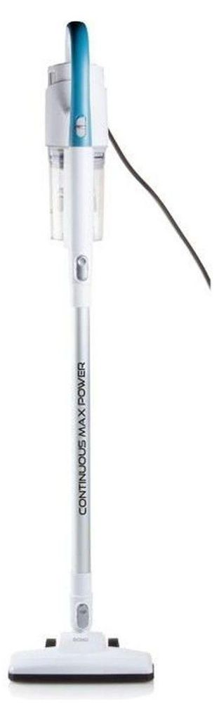 A white and blue stick vacuum cleaner is shown standing upright against a white background.