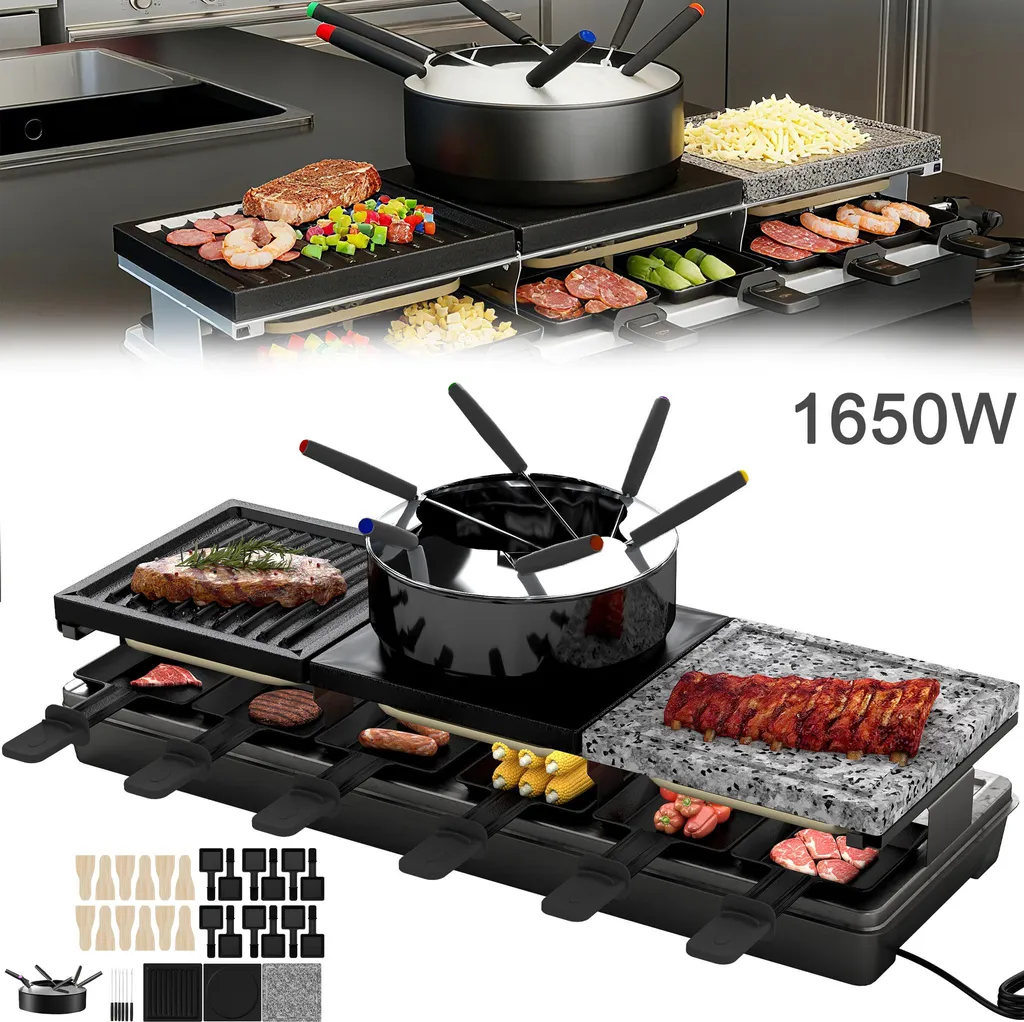 XINZI Appareil à Raclette 1650W et Set Fondue 3 en 1 pour 12 Personnes