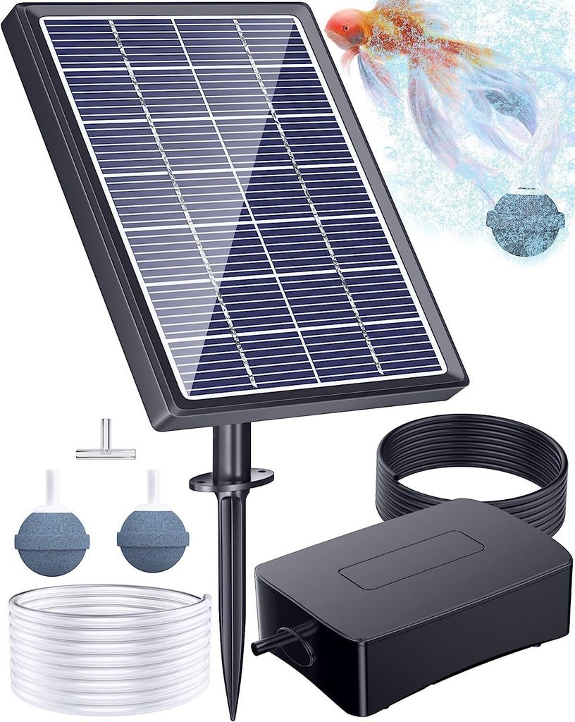 A solar-powered pond aerator kit is displayed against a white background, showing the solar panel, air pump, tubing, and air stones.
