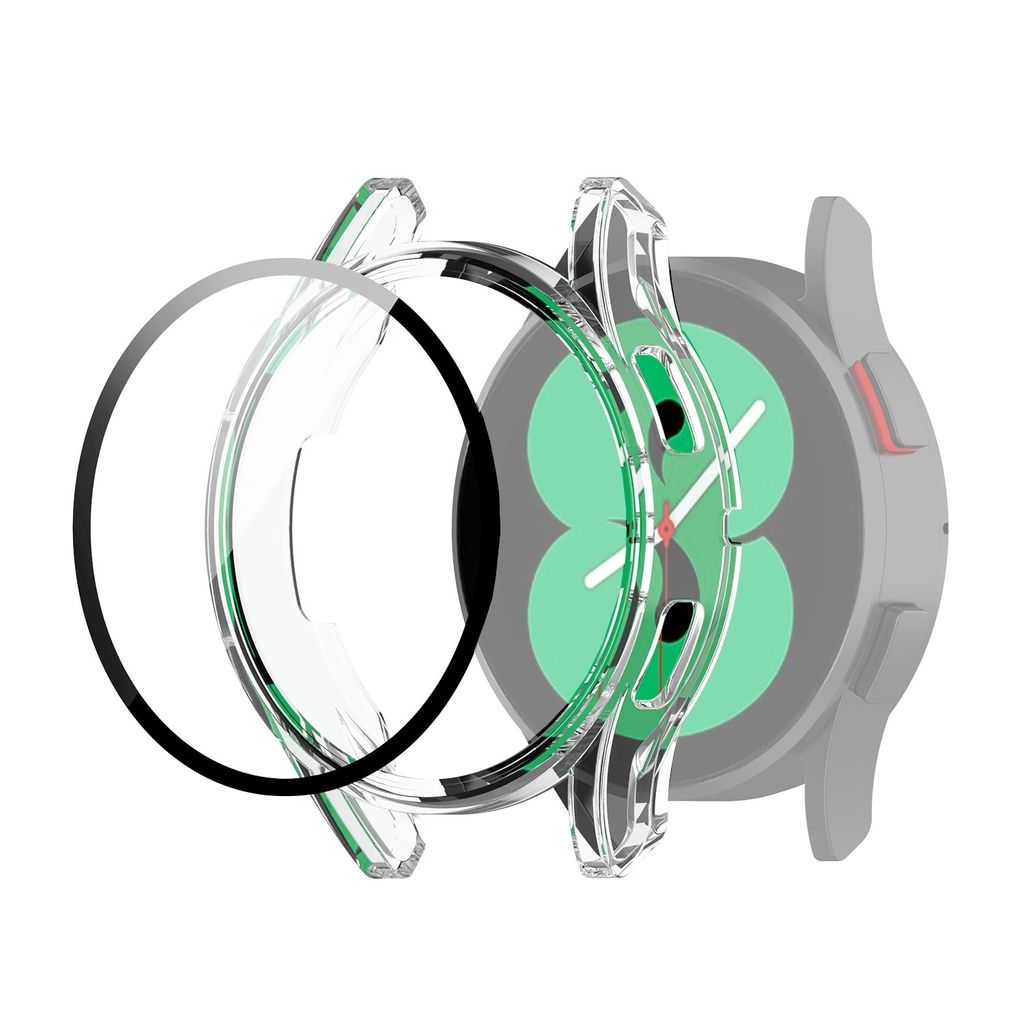A transparent watch case is shown exploded view over a smartwatch.