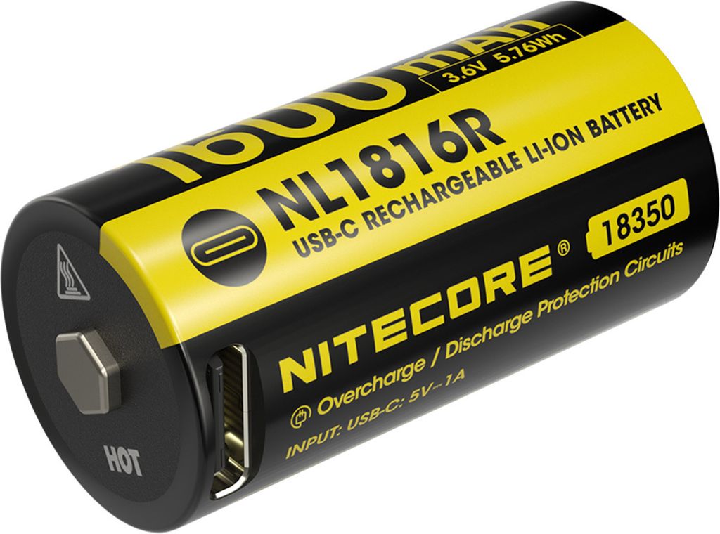 A close-up studio shot of a Nitecore 18350 rechargeable lithium-ion battery.