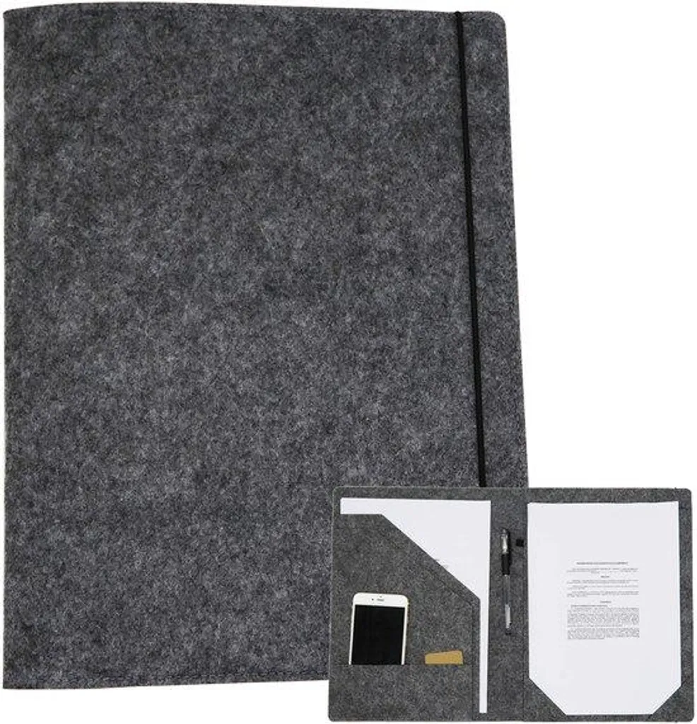 Pochette de rangement A4 en feutre gris avec porte-stylo et étui notes