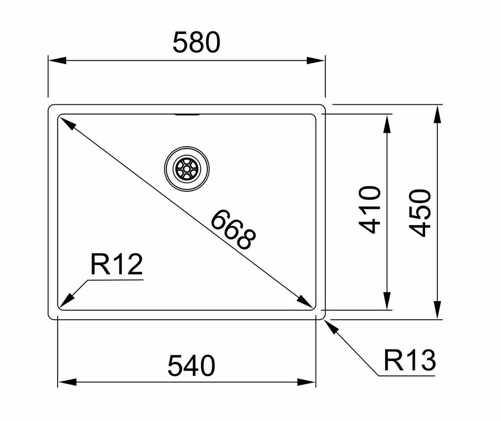 A technical drawing of a sink with dimensions and labels.