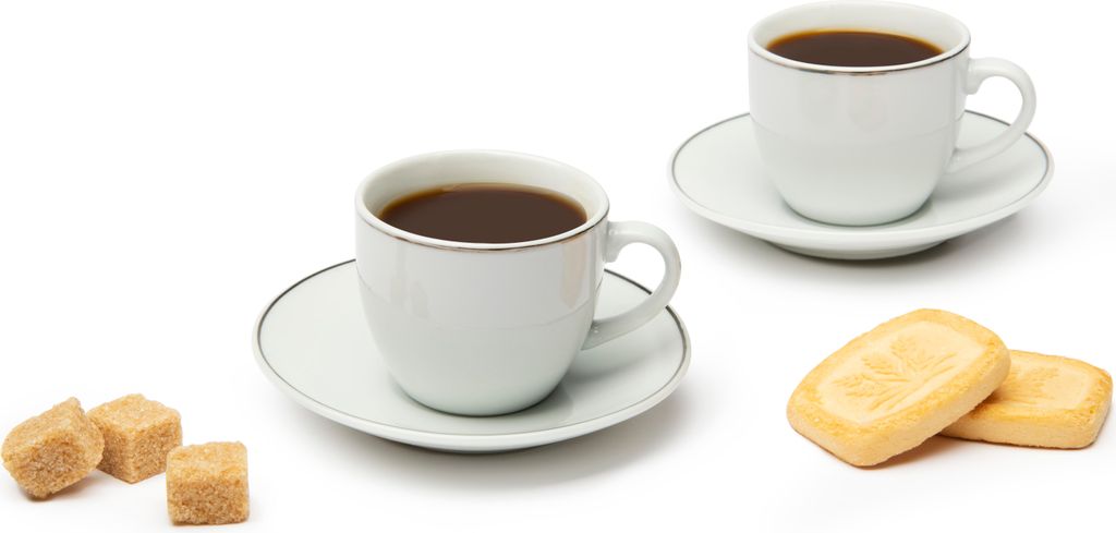 Excelsa Set 6 Espressotassen mit Untertassen Platinum aus weißem Porzellan mit silbernem Rand