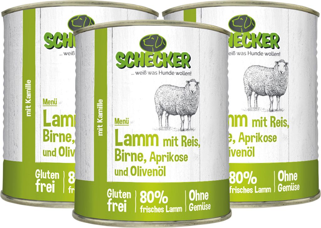 3 x 820 g - Schecker Hundemenü Nassfutter - Lamm mit Reis, Birne, Aprikose und Olivenöl