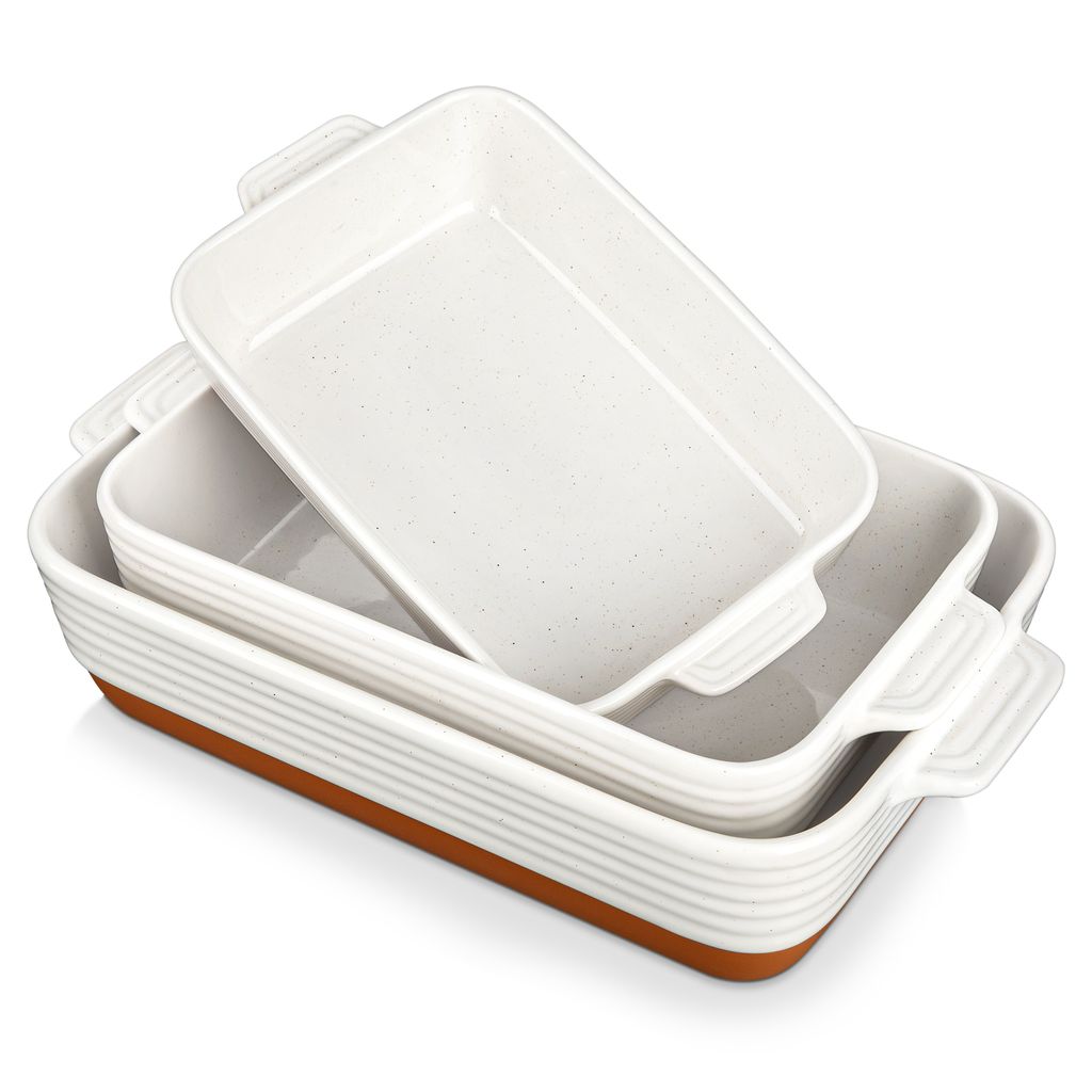 3-tlg Auflaufform Set, Ofenform aus Steingut, rechteckige Backform für Brot, Lasagne, Pizza, Kuchen, Sesam-Oberfläche