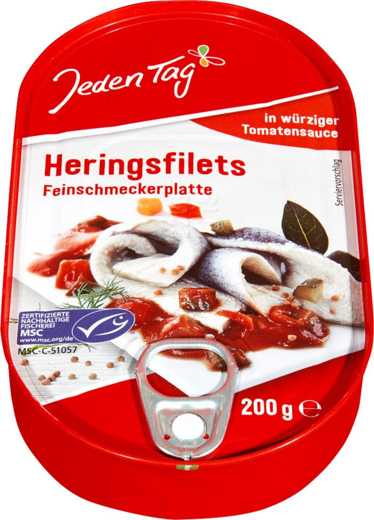 Jeden Tag MSC Herings-Filets Feinschmeckerplatte in würziger Tomatencreme (200g Dose) + usy Block