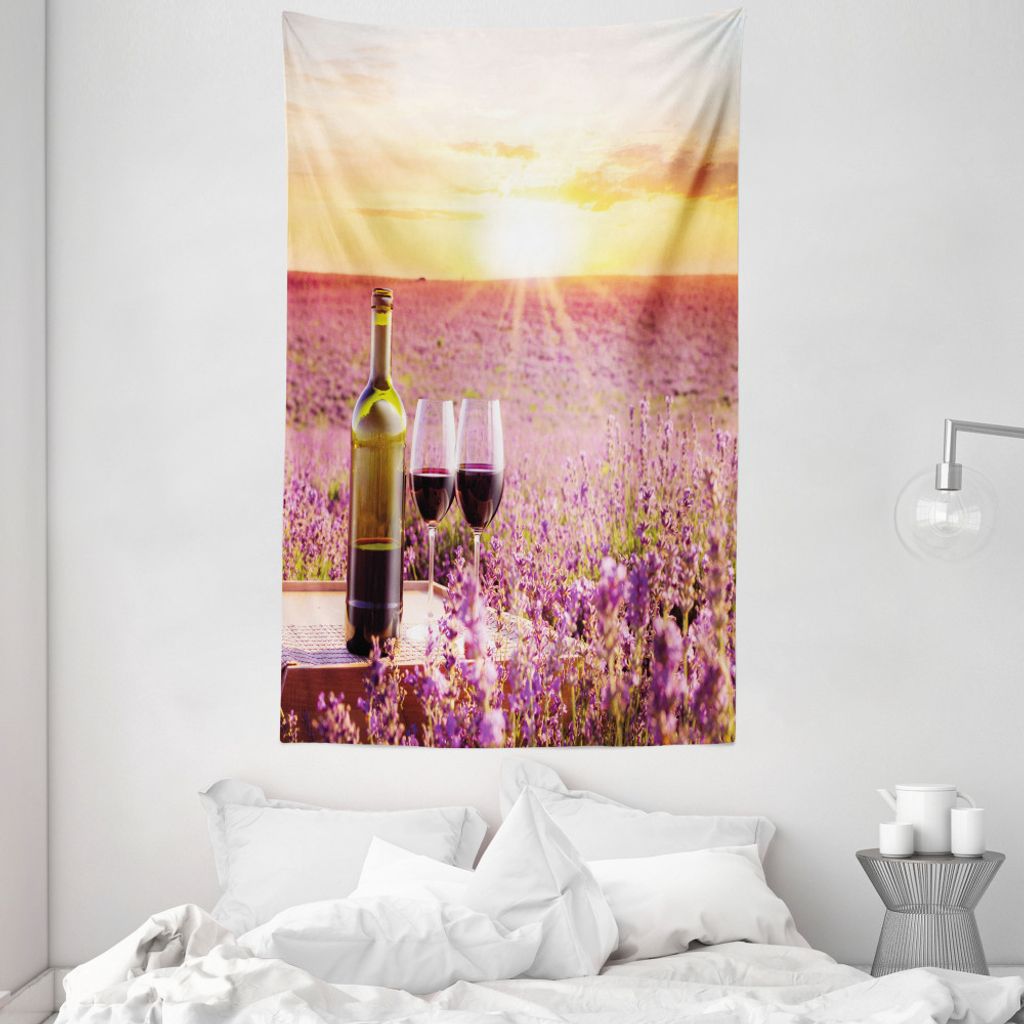 ABAKUHAUS Wein Wandteppich und Tagesdecke, Blooming Lavender Picknick aus Weiches Mikrofaser Stoff Waschbar ohne Verblassen Digitaldruck, 140 x 230...