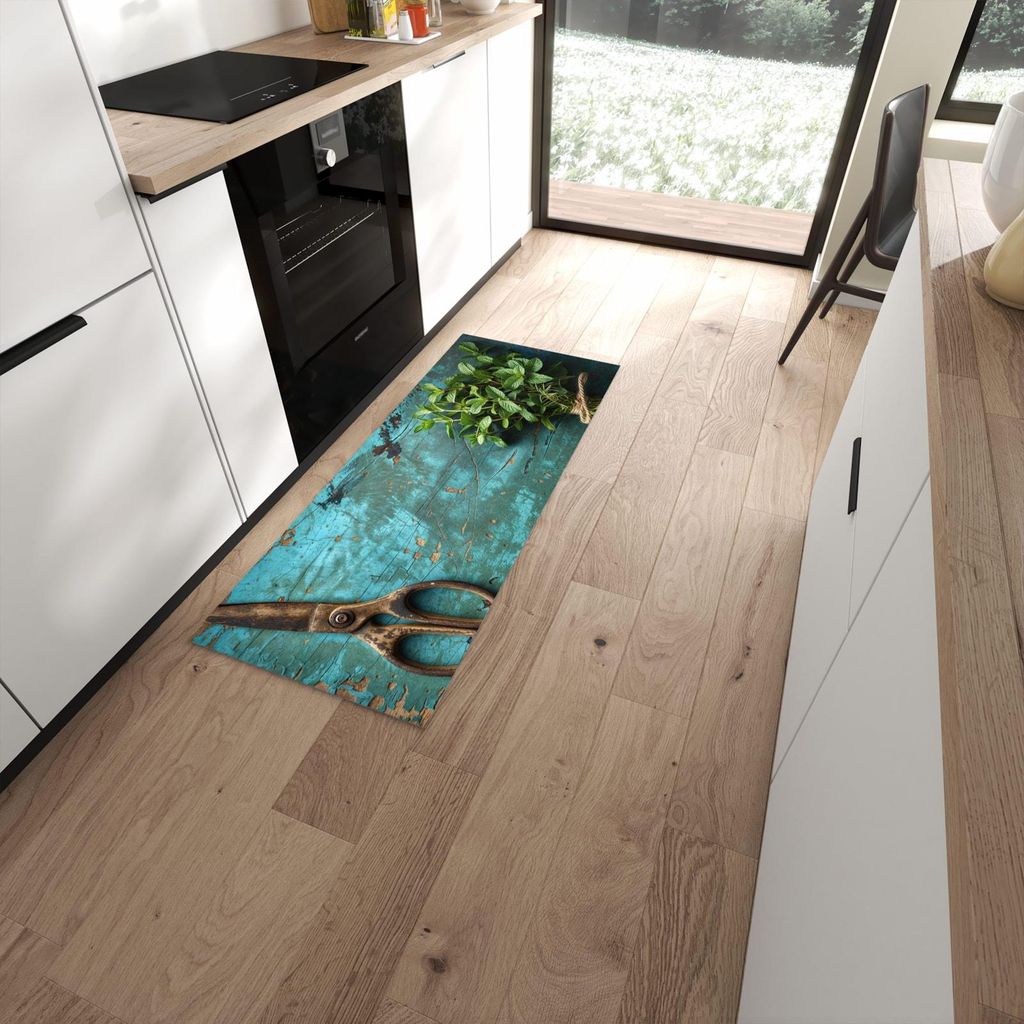 Küchenteppich 60x150cm rutschfest & abwischbar PVC Läufer - Alte Schereauf Holz