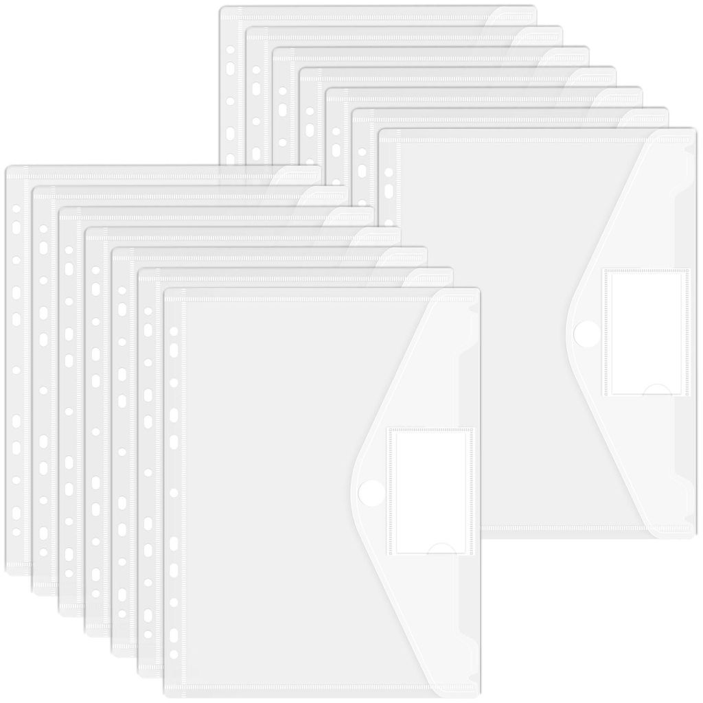 14 transparente A4-Dokumentenmappen mit Klettverschluss, wasserdicht, mit Perforationen und Etikettenfach.