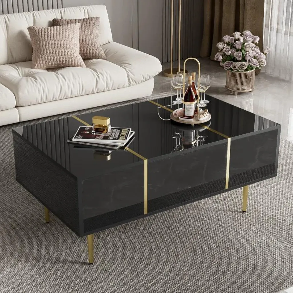 Table basse rectangulaire noir brillant design moderne avec rangement - 4
