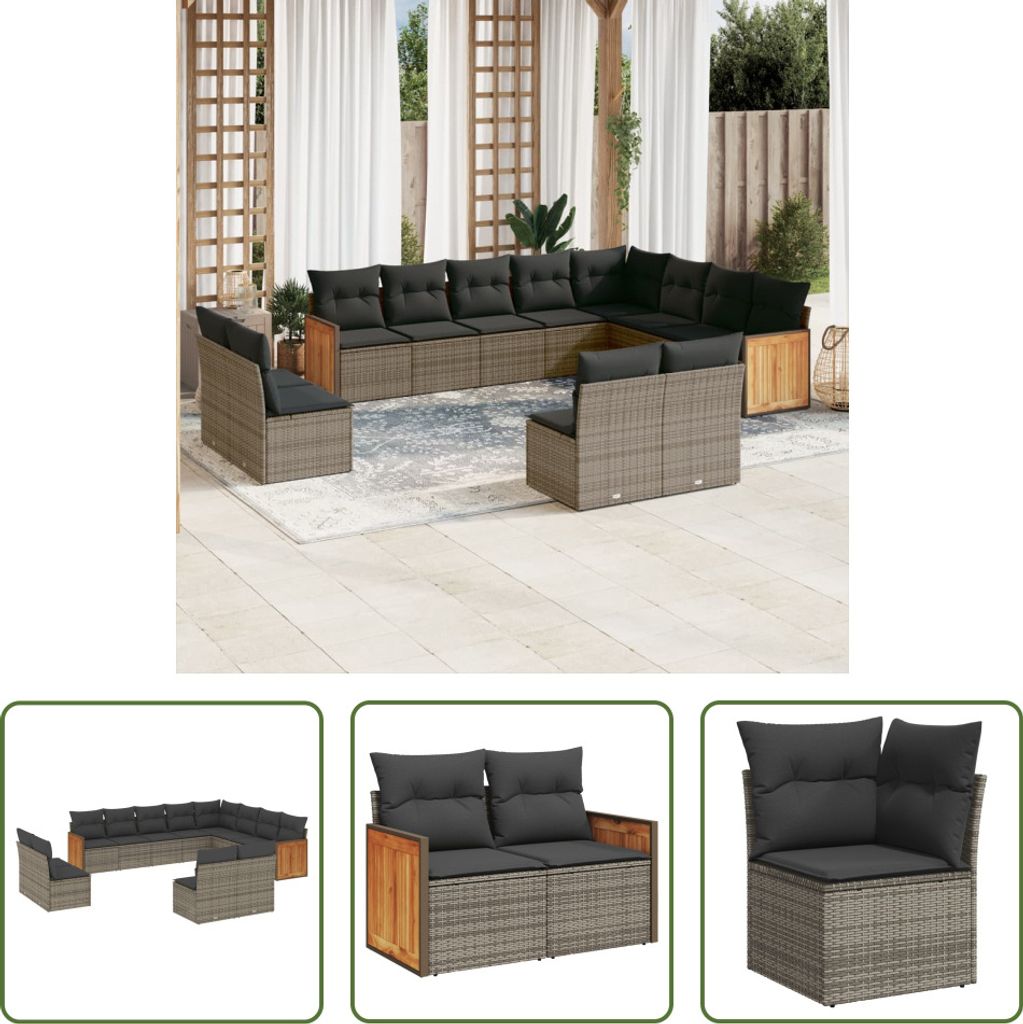 The Living Store 12-tlg. Garten-Sofagarnitur mit Kissen Grau Poly Rattan
