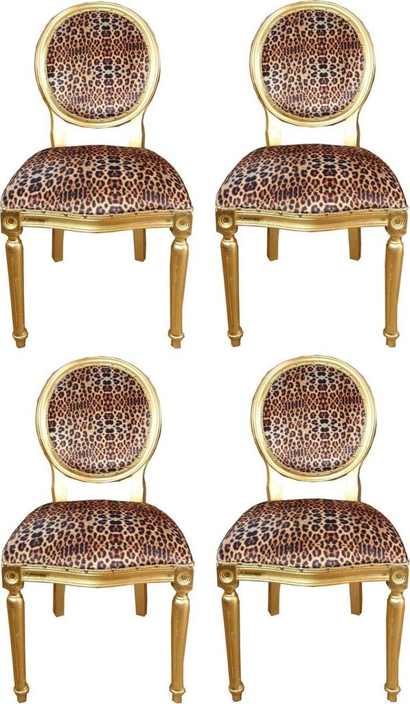 Casa Padrino Luxus Barock Esszimmer Set Medaillon Leopard / Gold 50 x 52 x H. 99 cm - 4 handgefertigte Esszimmerstühle - Barock Esszimmermöbel