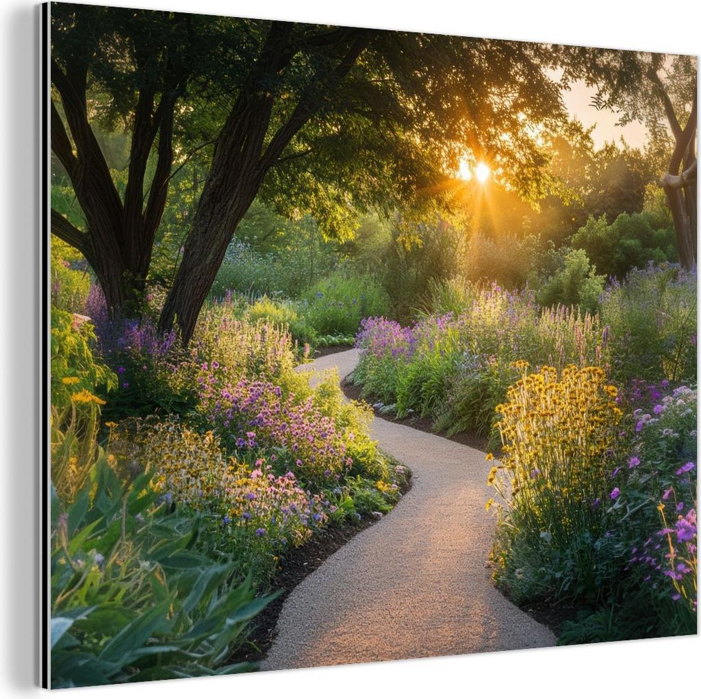 MuchoWow Wanddekoration Metall Metallbild Wandkunst 80x60 cm Weg - Blumen - Park MuchoWow Aluminium Gemälde - Alubild