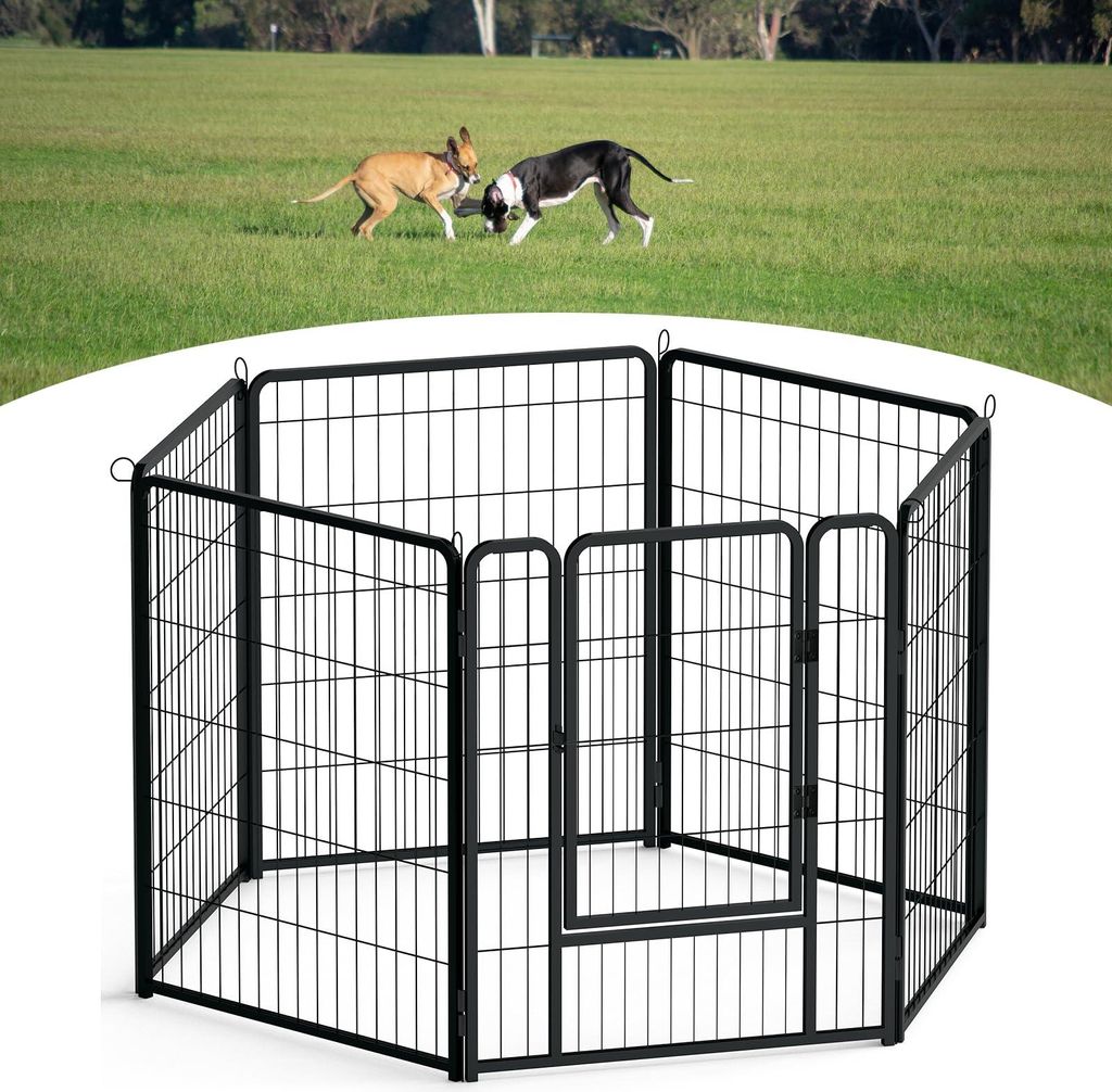 TRMLBE Freilaufgehege 6 Stück Metall Haustierlaufstall mit Tür & Schloss & Erdanker Welpenlaufstall 80cm hoch Laufgitter für Hunde Katze Haustie...