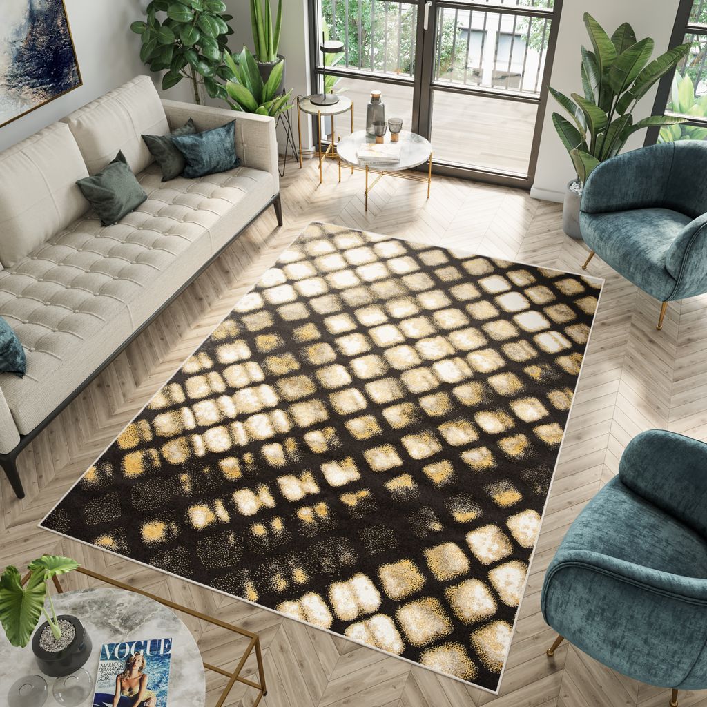 Teppich Wohnzimmer Schlafzimmer Kurzflor Modern Design Dunkelgrau Schwarz Creme Gelb Orange 3D Effekt Meliert Jugendzimmer 80 x 150 cm