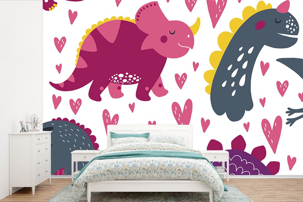 MuchoWow Fototapete für Wohnzimmer oder Schlafzimmer Wandtapete Vinyl Motivtapete Dino - Herz - Muster - Rosa - Mädchen - Dinosaurier - 330x220...