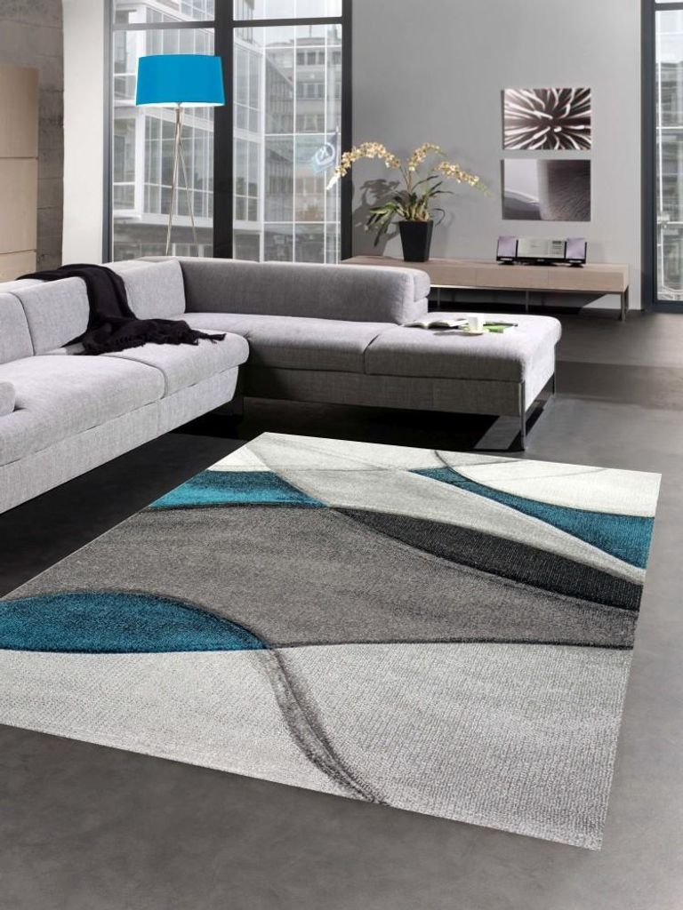 Teppich modern Teppich Wohnzimmer Wellen blau türkis grau Größe - 60x110 cm
