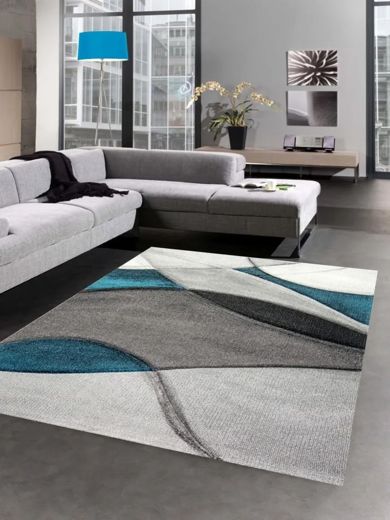 Tapis de Salon à Motifs Ondulés Bleu et Gris, Format Rectangulaire 60x110
