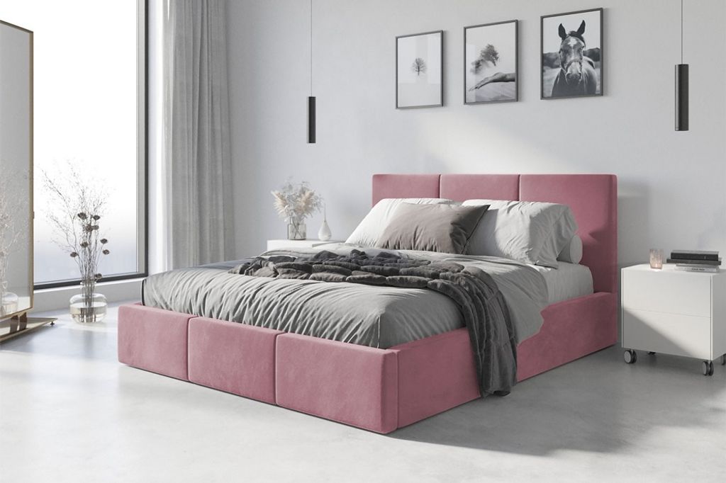 Bett mit Lattenrost Jugendbett Doppelbett gepolsterte Boxspringbett Matratze, Farbe:Rosa, Größe:140x200, Matratze:ohne Matratze