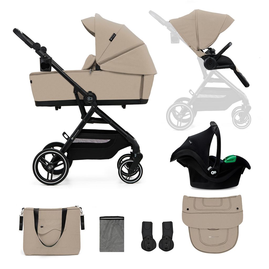 Kinderkraft Yoxi 3in1 Kinderwagen mit Babywanne & i-Size Autositz, drehbar, kompakt faltbar, pannensicher, Beige