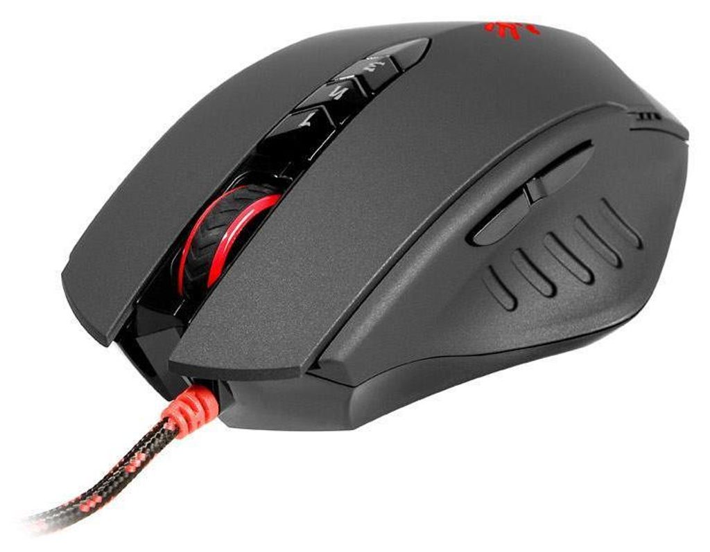 A black gaming mouse with red accents and a braided cable, shown from a diagonal angle against a white background.