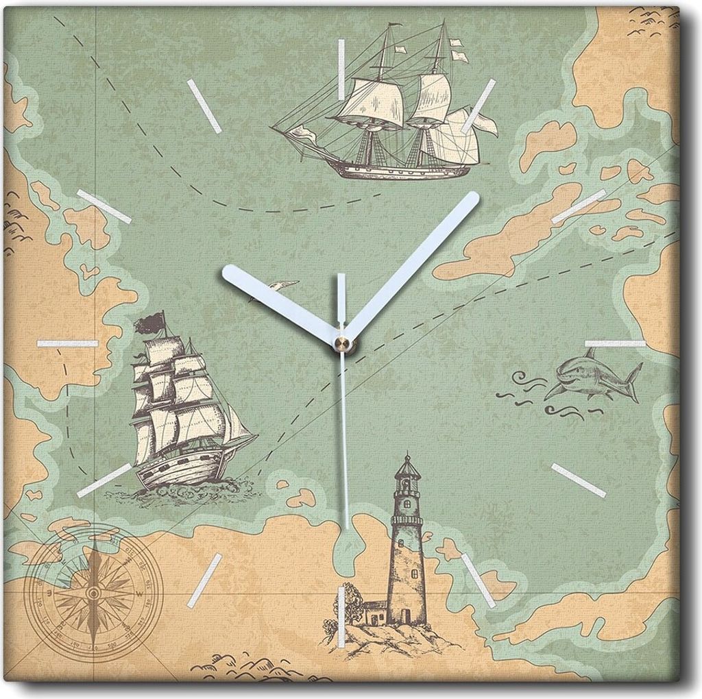 Coloray Uhr auf Leinwand 30x30 cm Wand Uhr Dekoration Wohnzimmer Segeltuch weiße Zeiger -Ocean Treasure Map Ship
