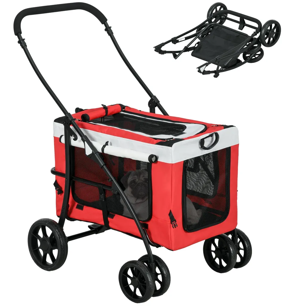 Poussette pliable pour chien et chat avec nacelle amovible rouge 81cm