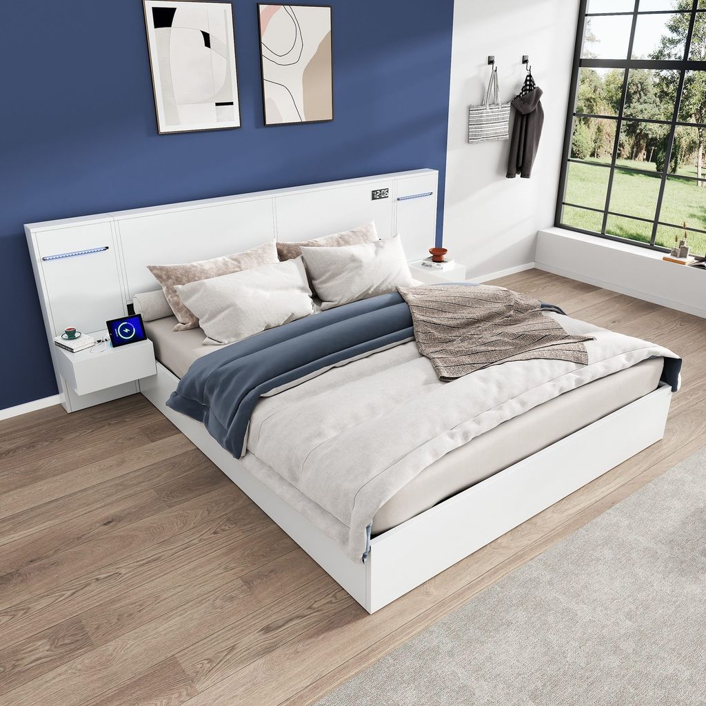 Odikalo Polsterbett Doppelbett Holzbett USB Uhr Bluetooth LED 2 Nachttischen weiß 180*200cm