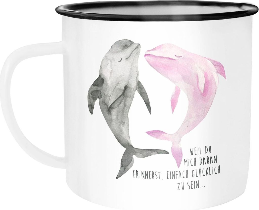 Emaille Tasse Becher Geschenk Liebe Spruch weil du mich daran erinnerst einfach glücklich zu sein Delfin Delphin Moonworks weiß-schwarz unisize