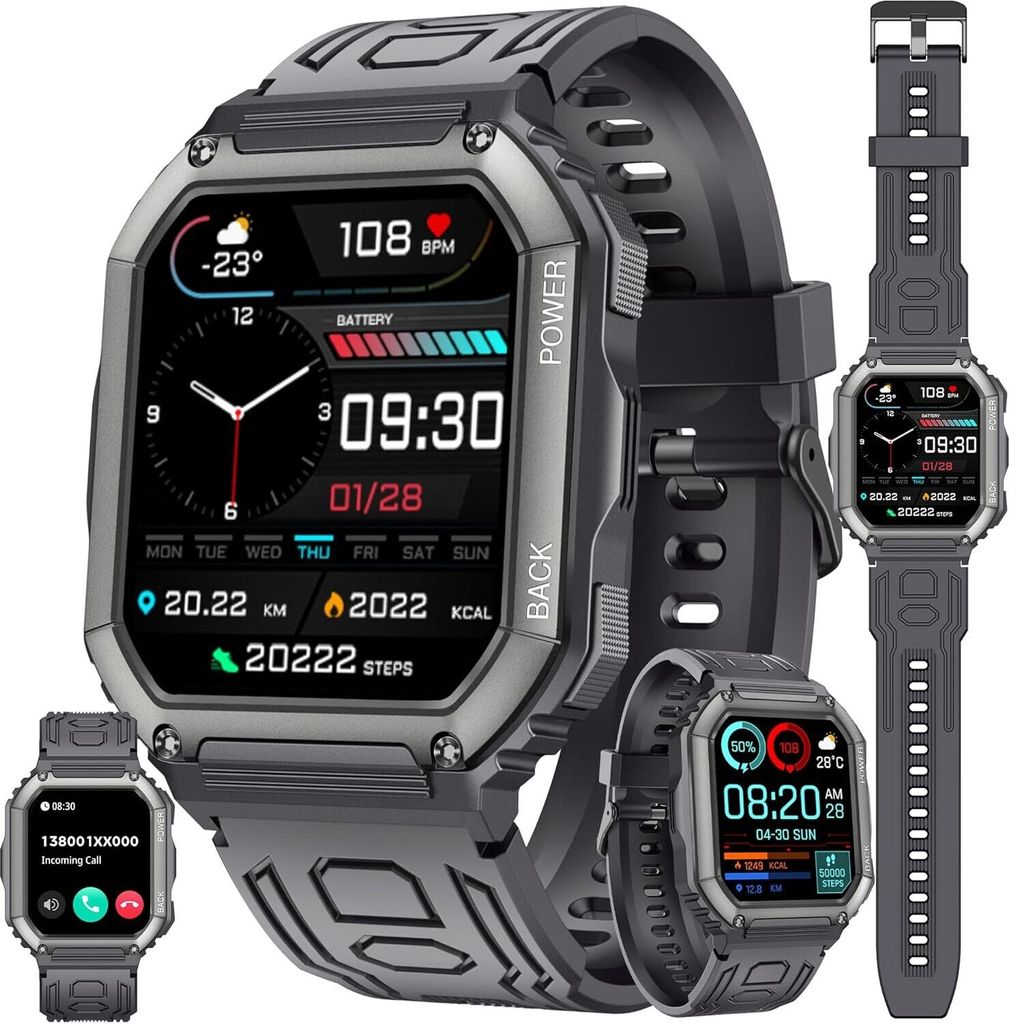 Herren Smartwatch mit Telefonfunktion, AMOLED 5ATM wasserdichte Fitness Taschenlampe Schrittzähler, Herzfrequenz, SpO2, Sportuhr, Aktivitätstracker