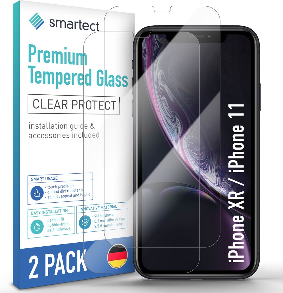 A product shot of a 2-pack of screen protectors for an iPhone XR/iPhone 11, displayed next to its packaging.