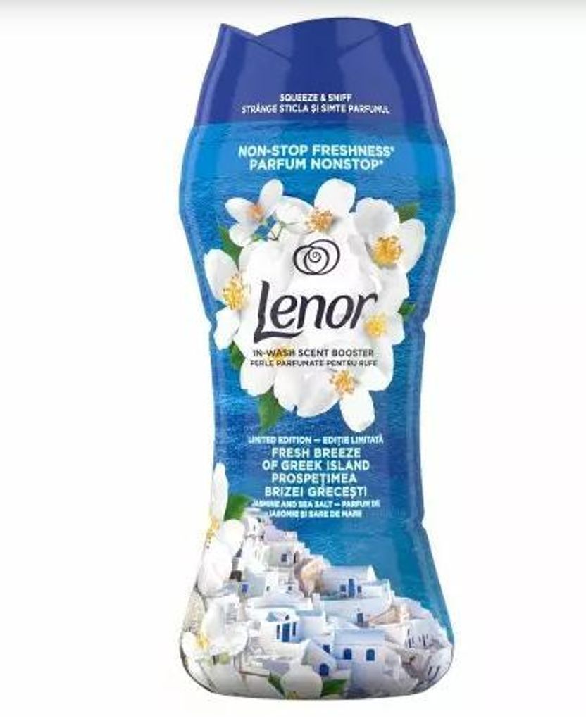 A bottle of Lenor in-wash scent booster with a floral and village design.