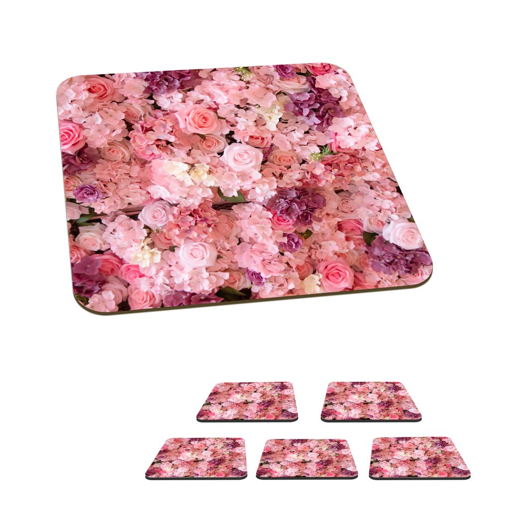KitchenYeah Glasuntersetzer Quadratisch 6er Set Blumen - Rosa - Rosen 10x10 cm Untersetzer für Gläser - Getränkeuntersetzer - Tischplattenschu...