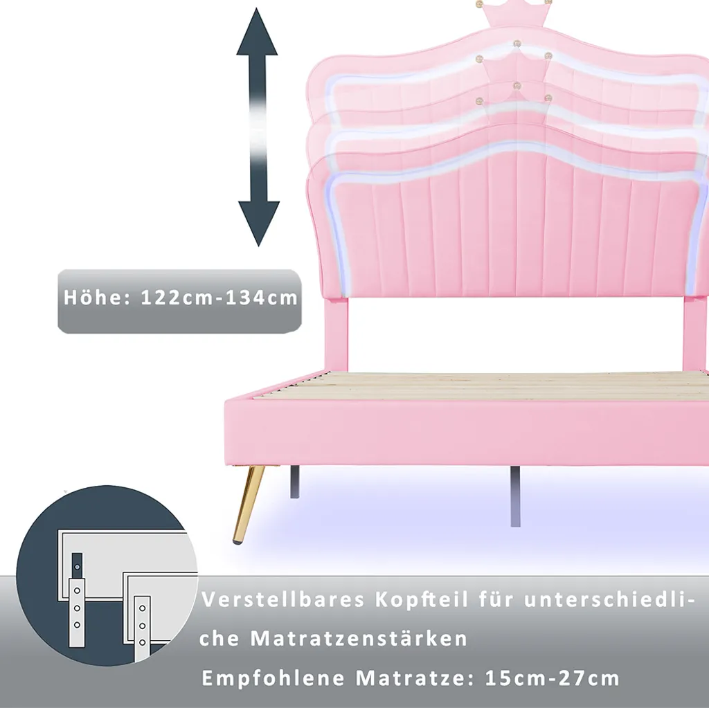 Lit pour chambre de fille 140x200cm couronne Rosas avec lumière LED