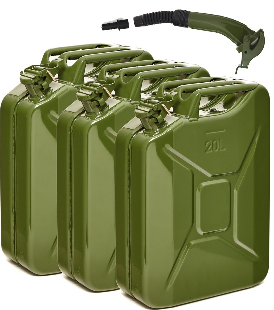 BW Kraftstoffkanister Metall Benzinkanister 3x 20 Liter mit Ausgießer - Olivegrün RAL 6003 - UN-Zulassung - Hergestellt in Europa