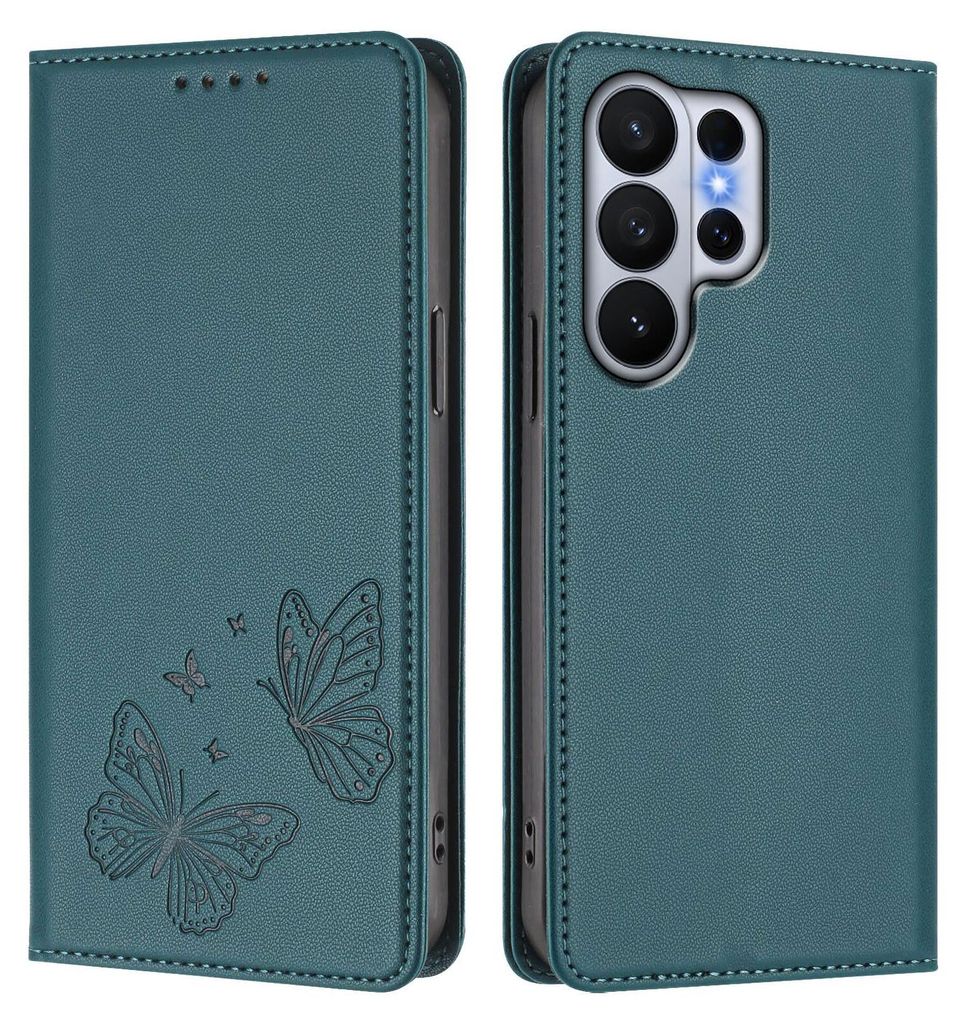 Lederhülle für Samsung Galaxy S26 Ultra, Schmetterling Prägung Leder Brieftasche Schutzhülle mit Ständer Grün